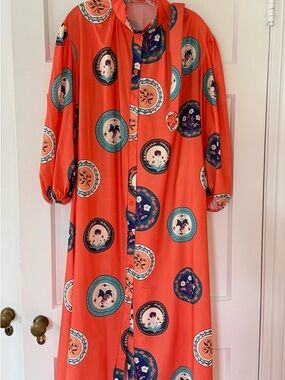 Coral Maxi Dress with Circular Floral Medallions
